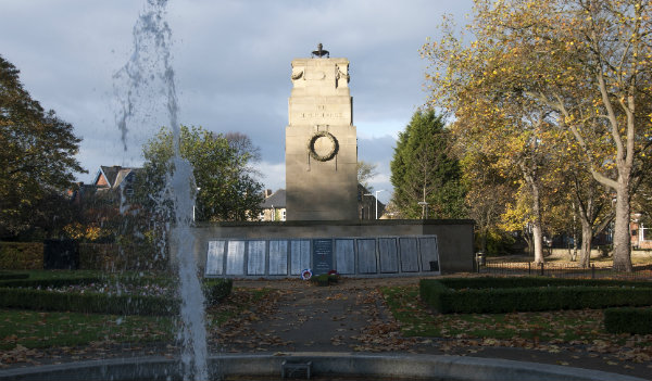 Memorial Garden in autumn with fountain and memorial in background