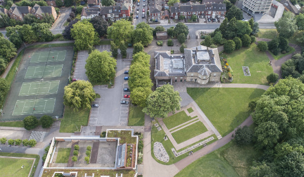 Aerial view of Clifton Park Museum and Garden House.