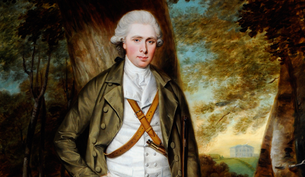 Painting of Joshua Walker standing in woodland with Clifton House in the background.